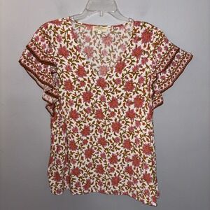 Cynthia‎ Rowley Floral Blouse Boho Peasant Lightweight Ruffle Short Sleeve Sz XL